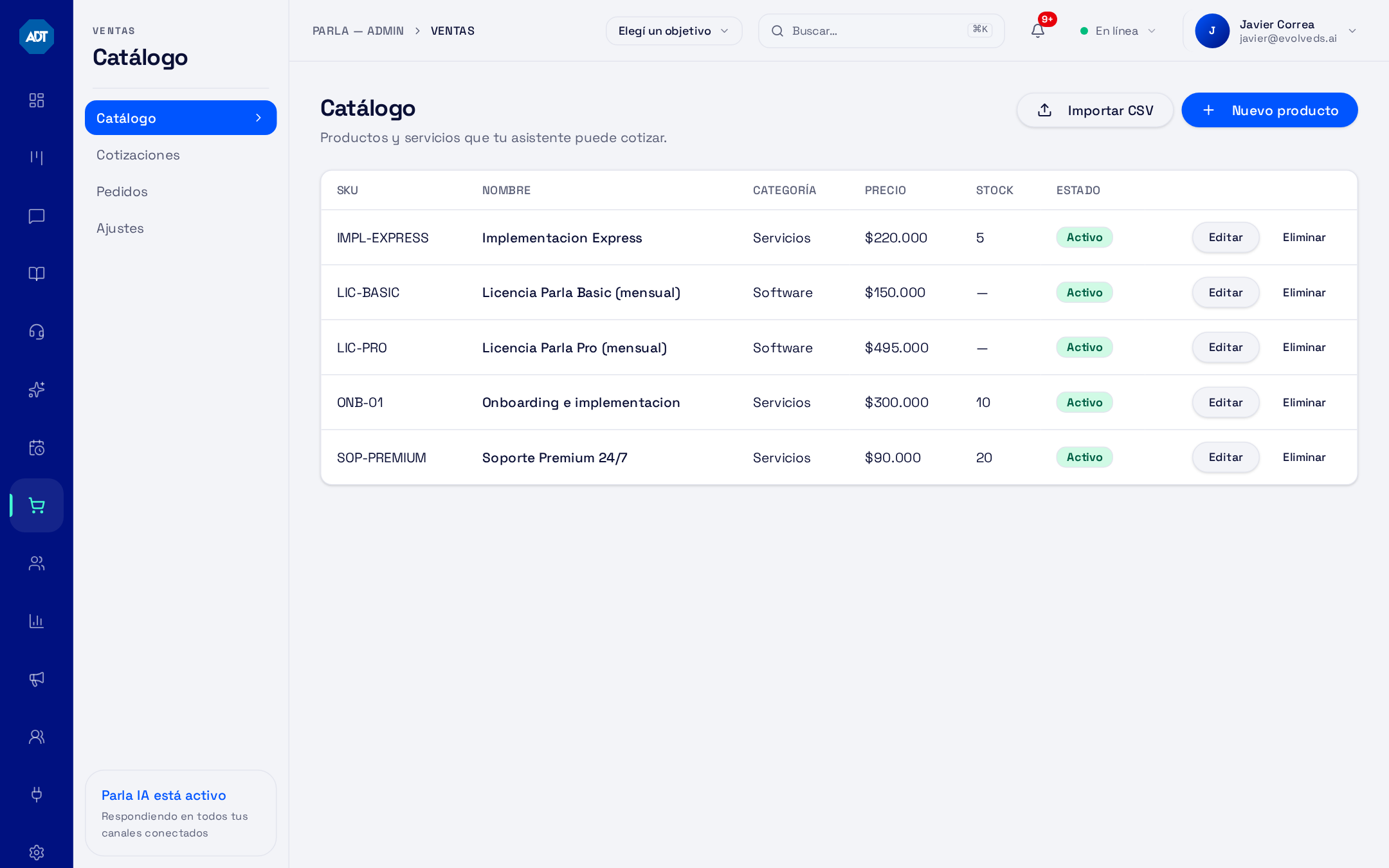 Catálogo de productos del módulo Ventas de Parla con SKU, categoría, precio, stock y estado